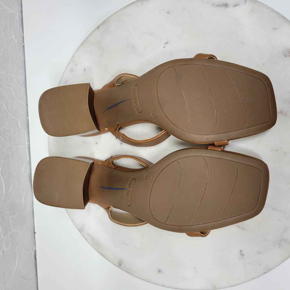 Nine West Gamer Strappy Sandals Womens 9 Brown Open Toe Slip On Block Heels New - Picture 8 of 14